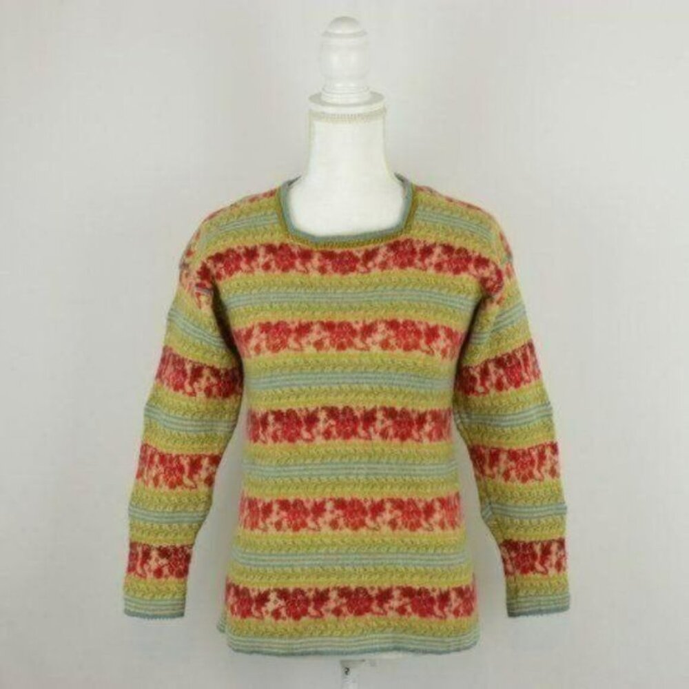 Oleana Women's Medium Red Green Floral 100% Wool Square Neck Sweater